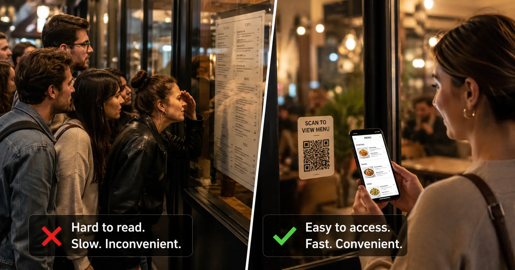 Comparison showing people struggling to read a window menu versus a customer easily viewing a menu on their phone after scanning a QR code